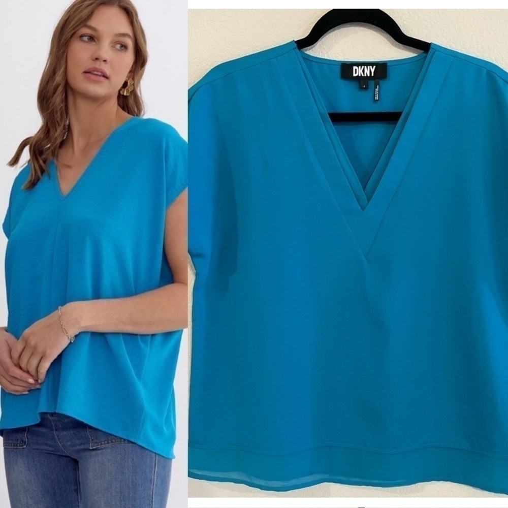DKNY Women’s Blouse Tunic Top Small Blue Classic Preppy Business Casual